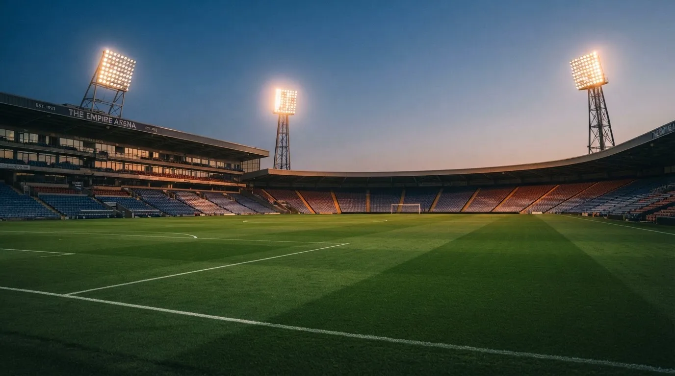 An empty football stadium with floodlight masts at dusk