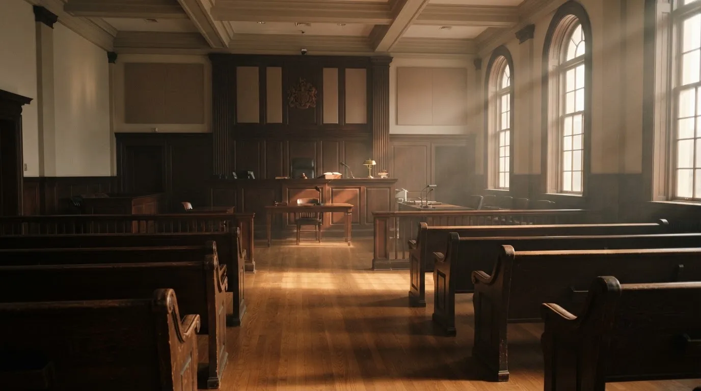An empty courtroom with wooden benches in morning light