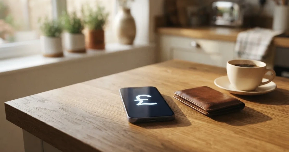 A smartphone on a wooden table beside a wallet and a coffee cup