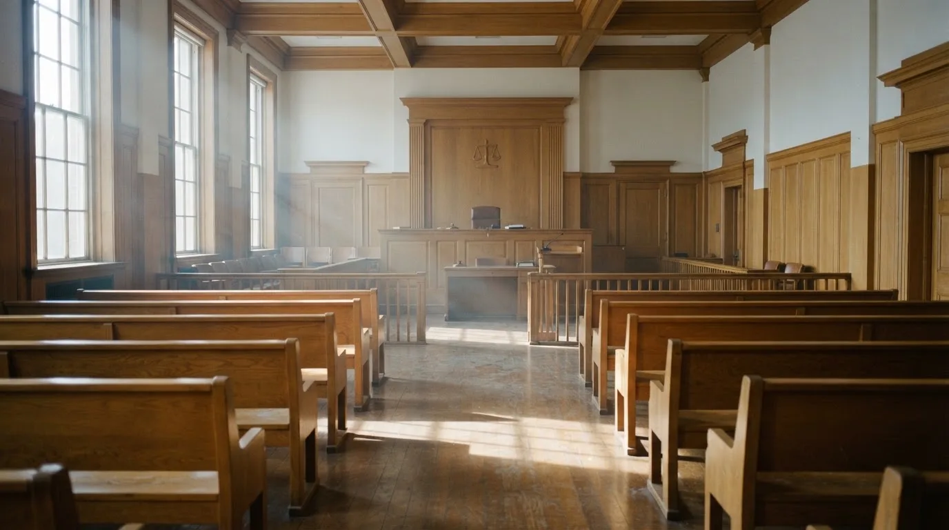 An empty courtroom with wooden benches in morning light