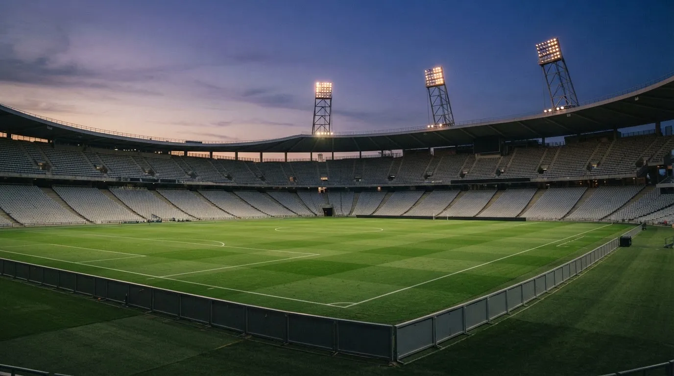 An empty football stadium with floodlight masts at dusk