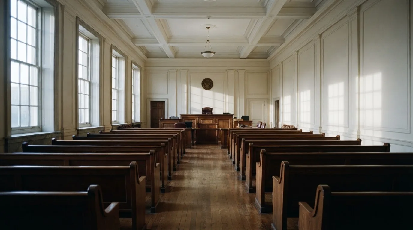 An empty courtroom with wooden benches in morning light