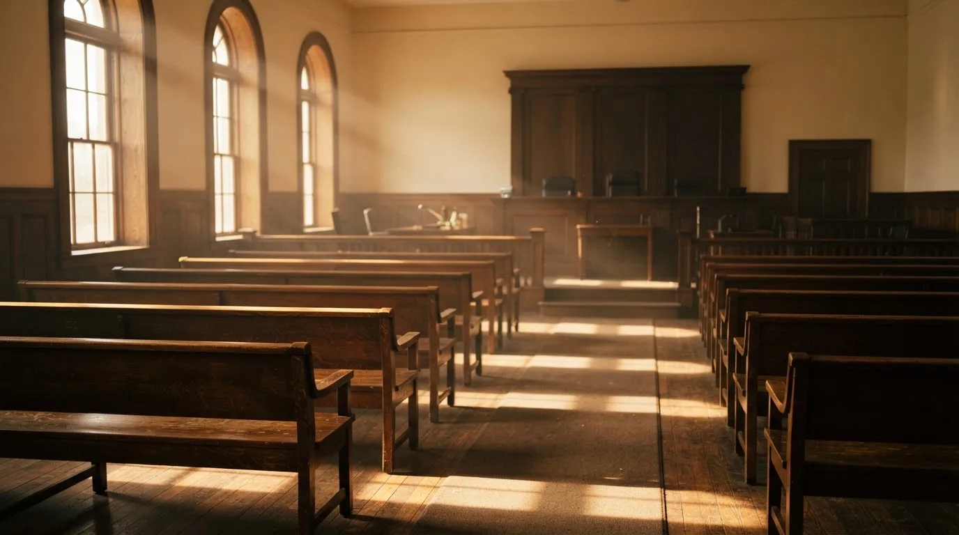An empty courtroom with wooden benches in morning light