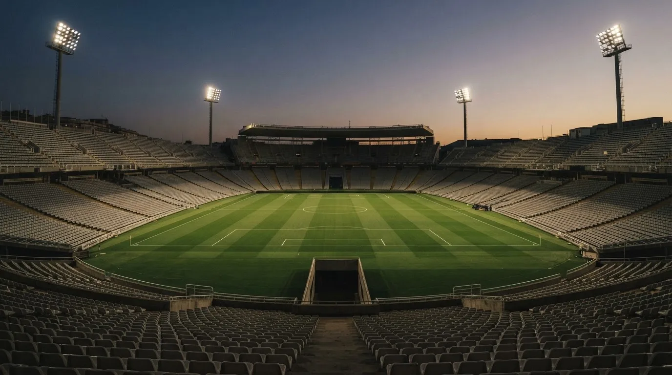 An empty football stadium with floodlight masts at dusk