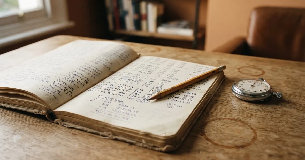 An open notebook with a pencil and a stopwatch on a wooden table