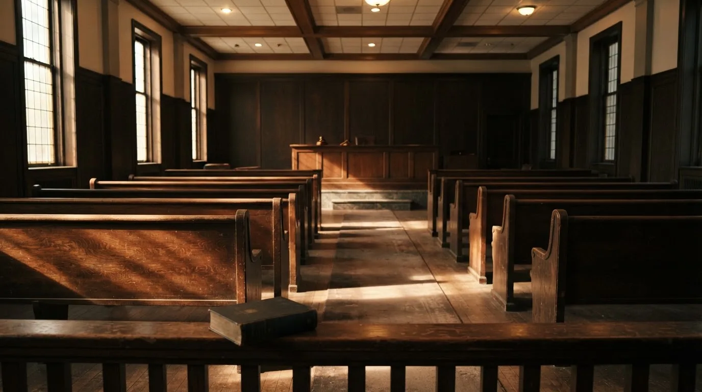 An empty courtroom with wooden benches in morning light