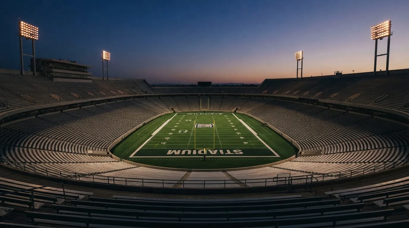 An empty football stadium with floodlight masts at dusk