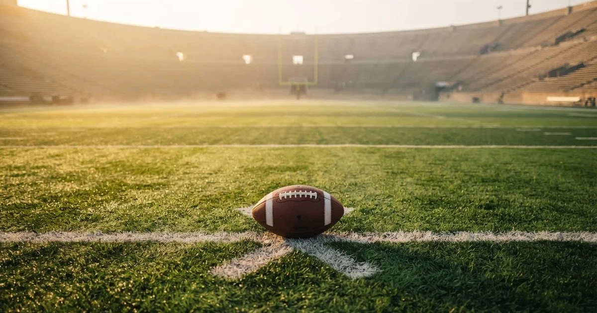 A ball on the centre spot of a grass pitch in morning light