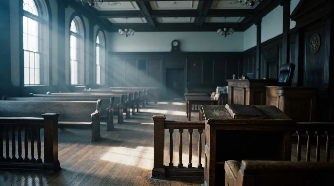 An empty courtroom with wooden benches in morning light