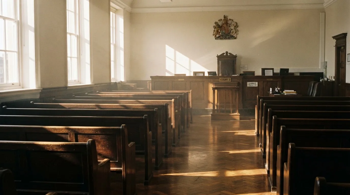 An empty courtroom with wooden benches in morning light