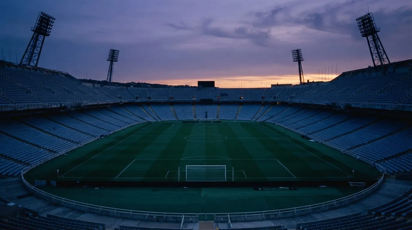 An empty football stadium with floodlight masts at dusk