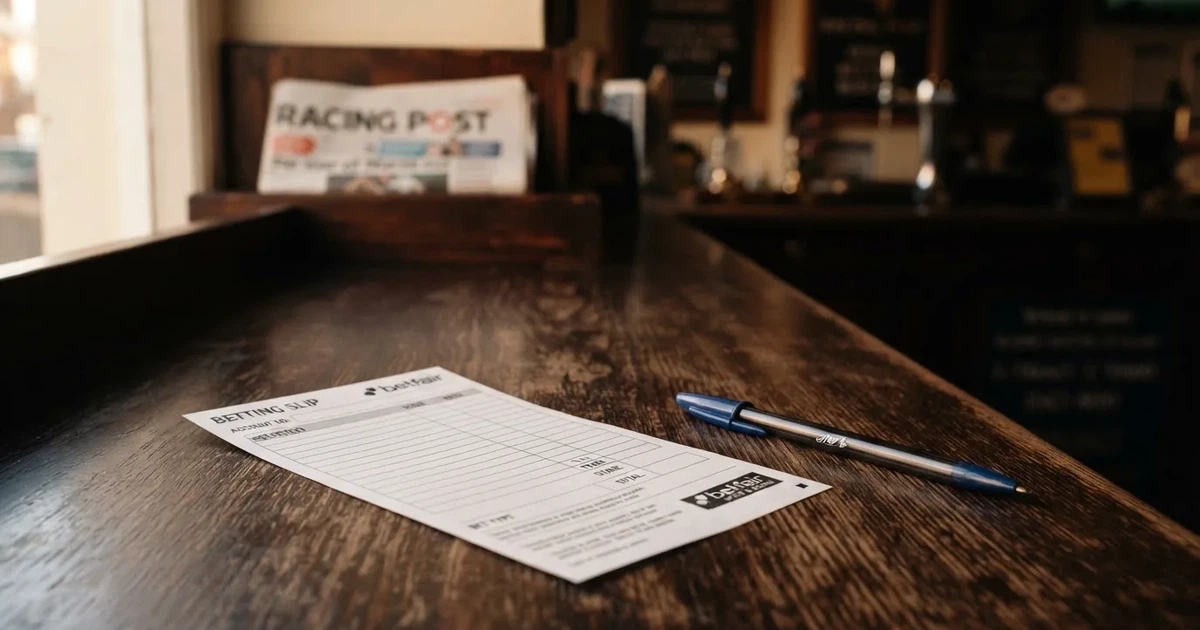 A blank paper betting slip beside a pen on a wooden counter
