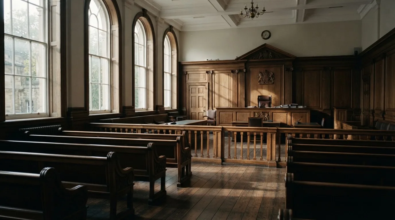 An empty courtroom with wooden benches in morning light