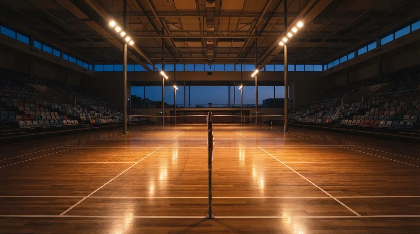 An empty football stadium with floodlight masts at dusk