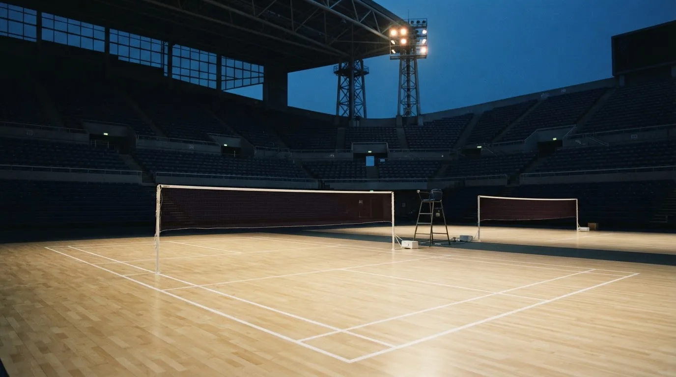 An empty football stadium with floodlight masts at dusk