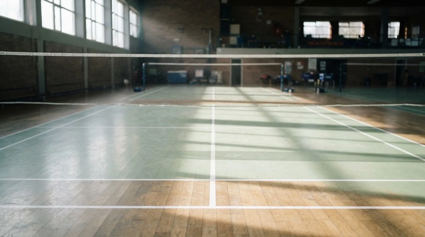 An empty courtroom with wooden benches in morning light