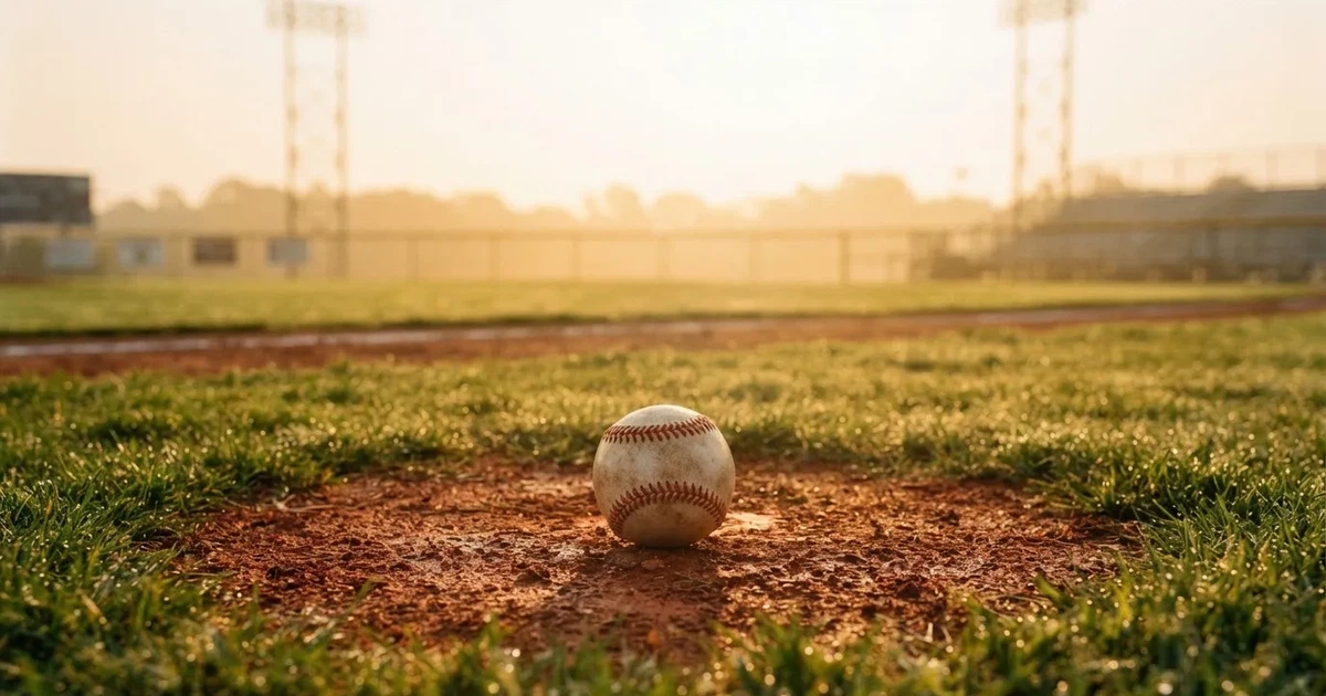 A ball on the centre spot of a grass pitch in morning light