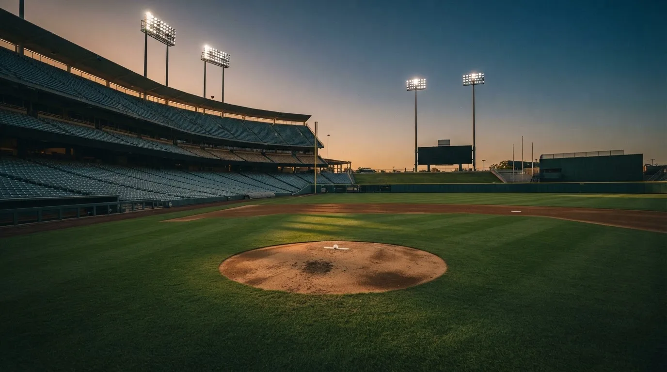 An empty football stadium with floodlight masts at dusk