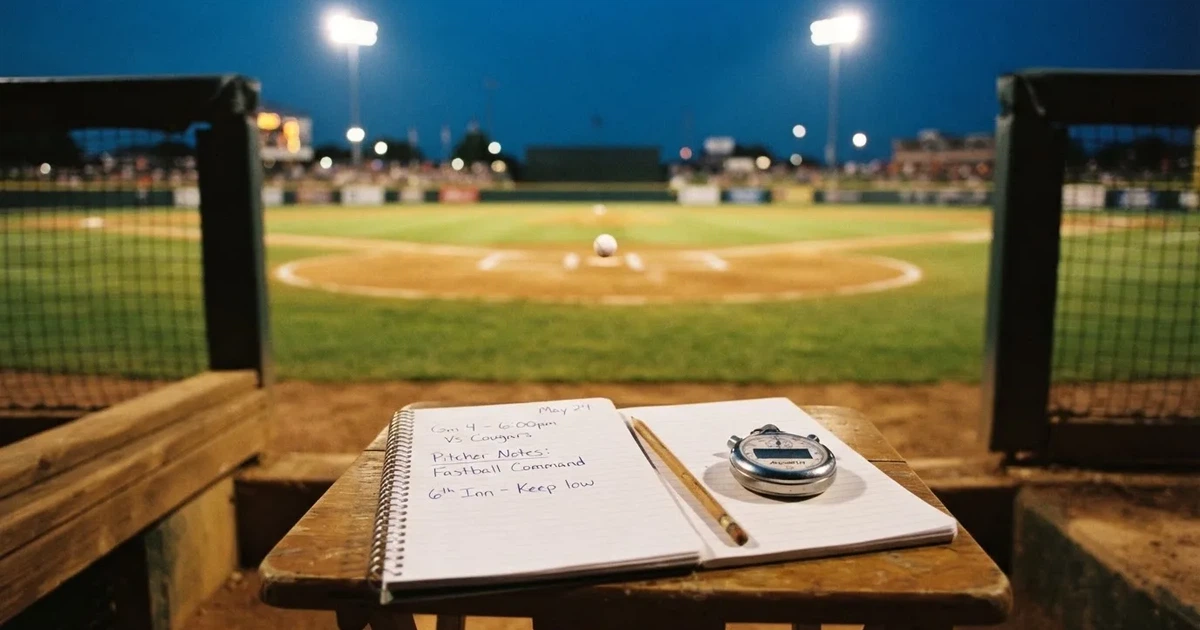 An open notebook with a pencil and a stopwatch on a wooden table