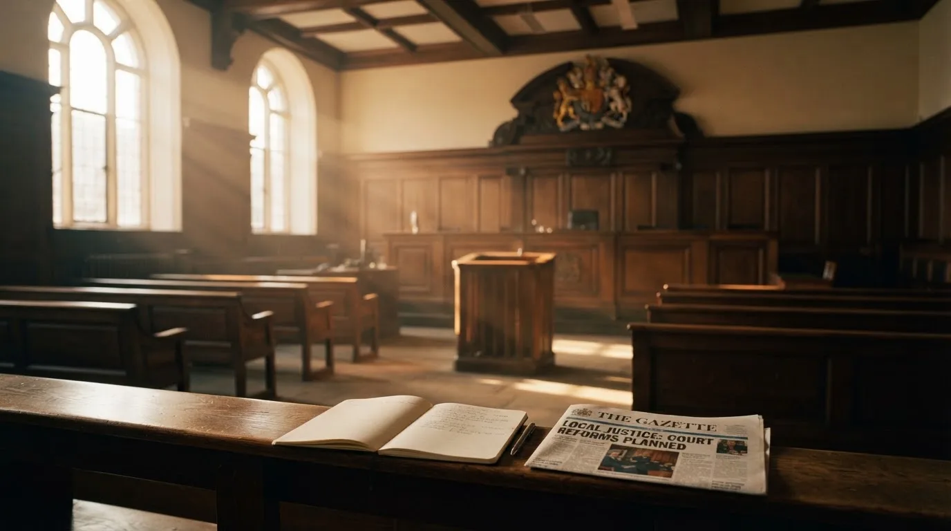 An empty courtroom with wooden benches in morning light