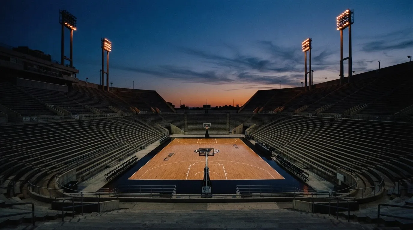 An empty football stadium with floodlight masts at dusk