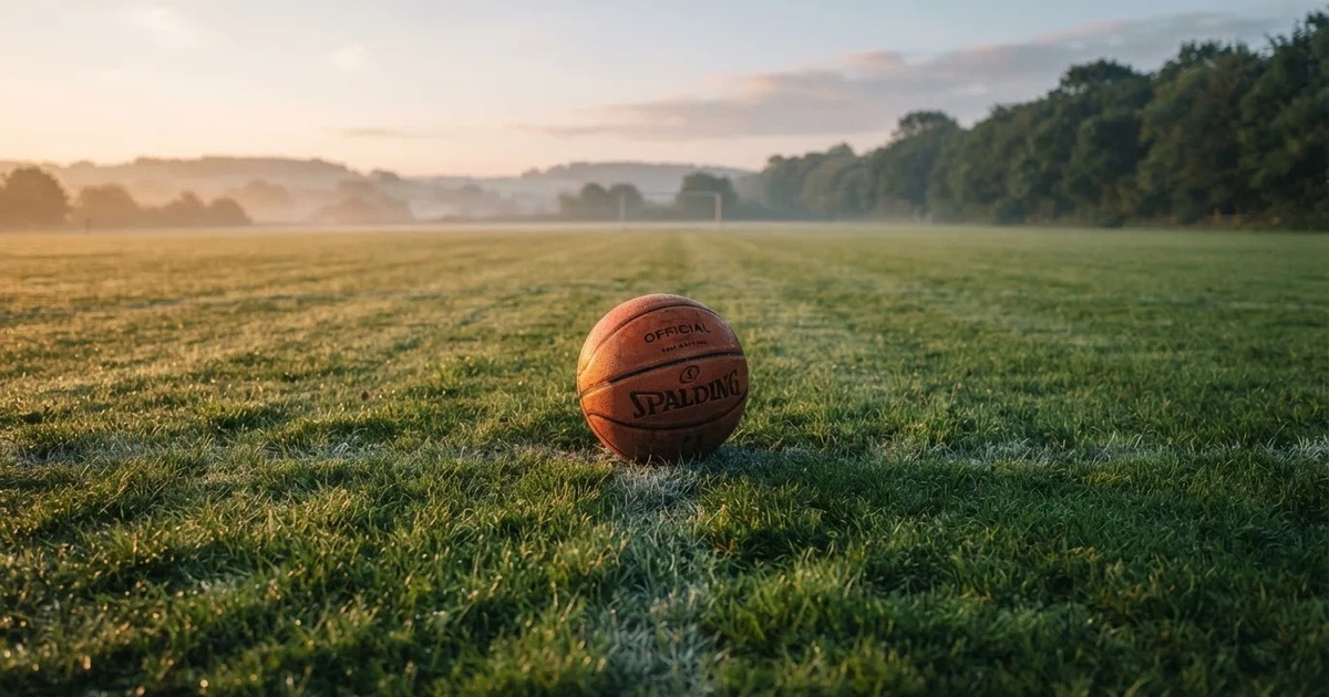 A ball on the centre spot of a grass pitch in morning light