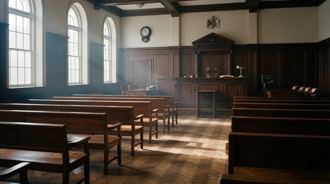 An empty courtroom with wooden benches in morning light