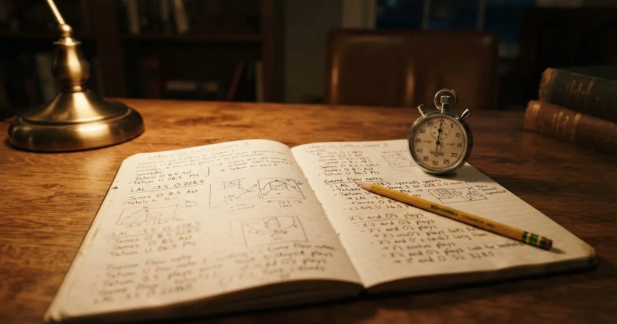 An open notebook with a pencil and a stopwatch on a wooden table