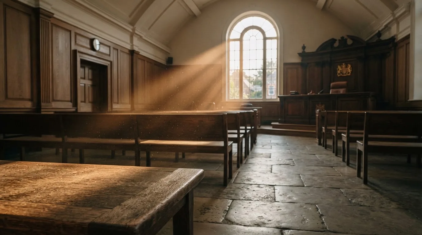 An empty courtroom with wooden benches in morning light