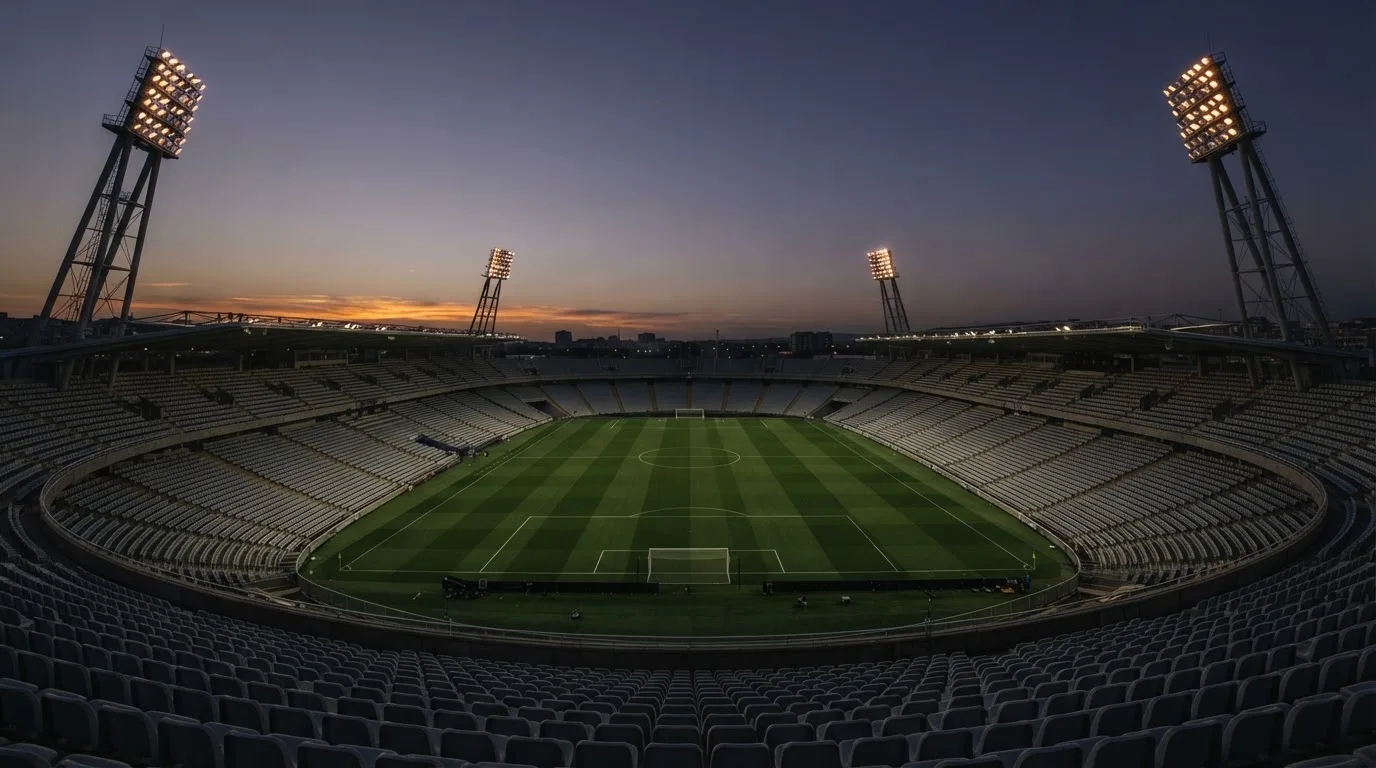 An empty football stadium with floodlight masts at dusk