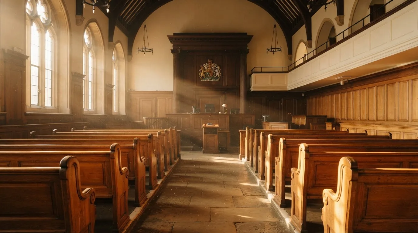 An empty courtroom with wooden benches in morning light