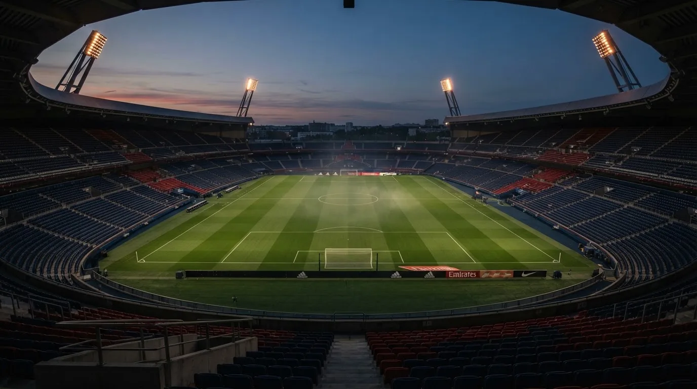 An empty football stadium with floodlight masts at dusk
