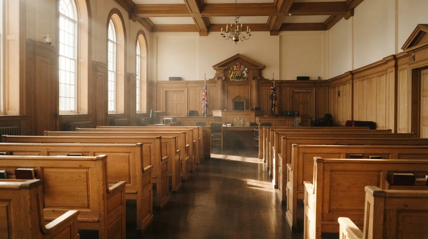 An empty courtroom with wooden benches in morning light
