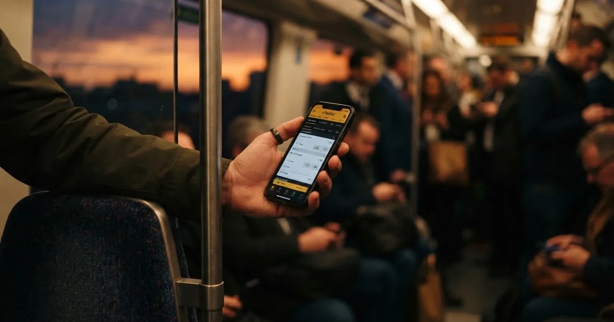 A hand holding a smartphone on a train in the evening, screen turned away