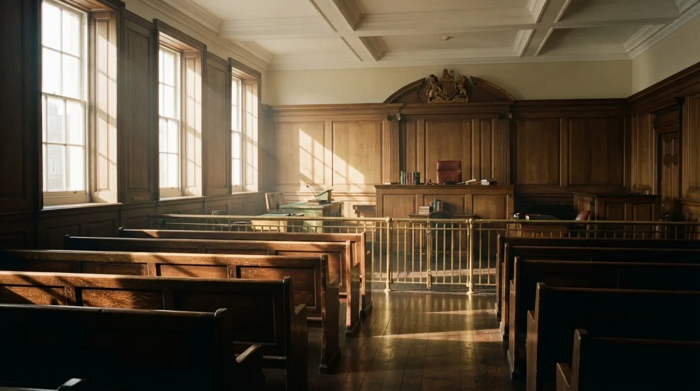 An empty courtroom with wooden benches in morning light