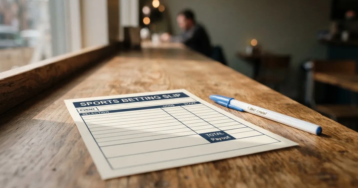 A blank paper betting slip beside a pen on a wooden counter