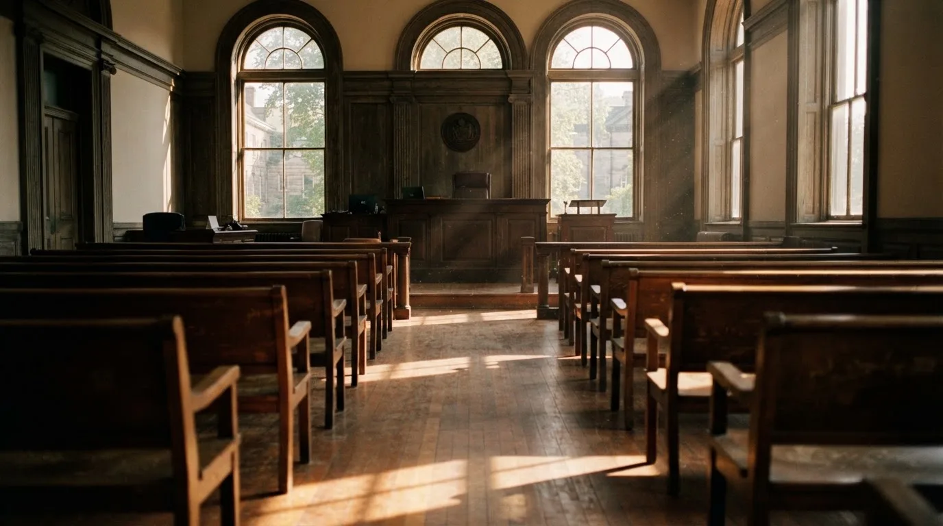 An empty courtroom with wooden benches in morning light