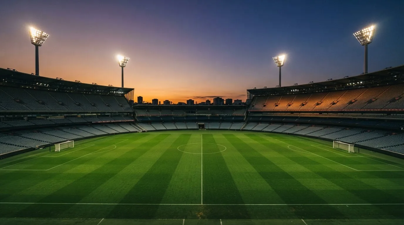 An empty football stadium with floodlight masts at dusk