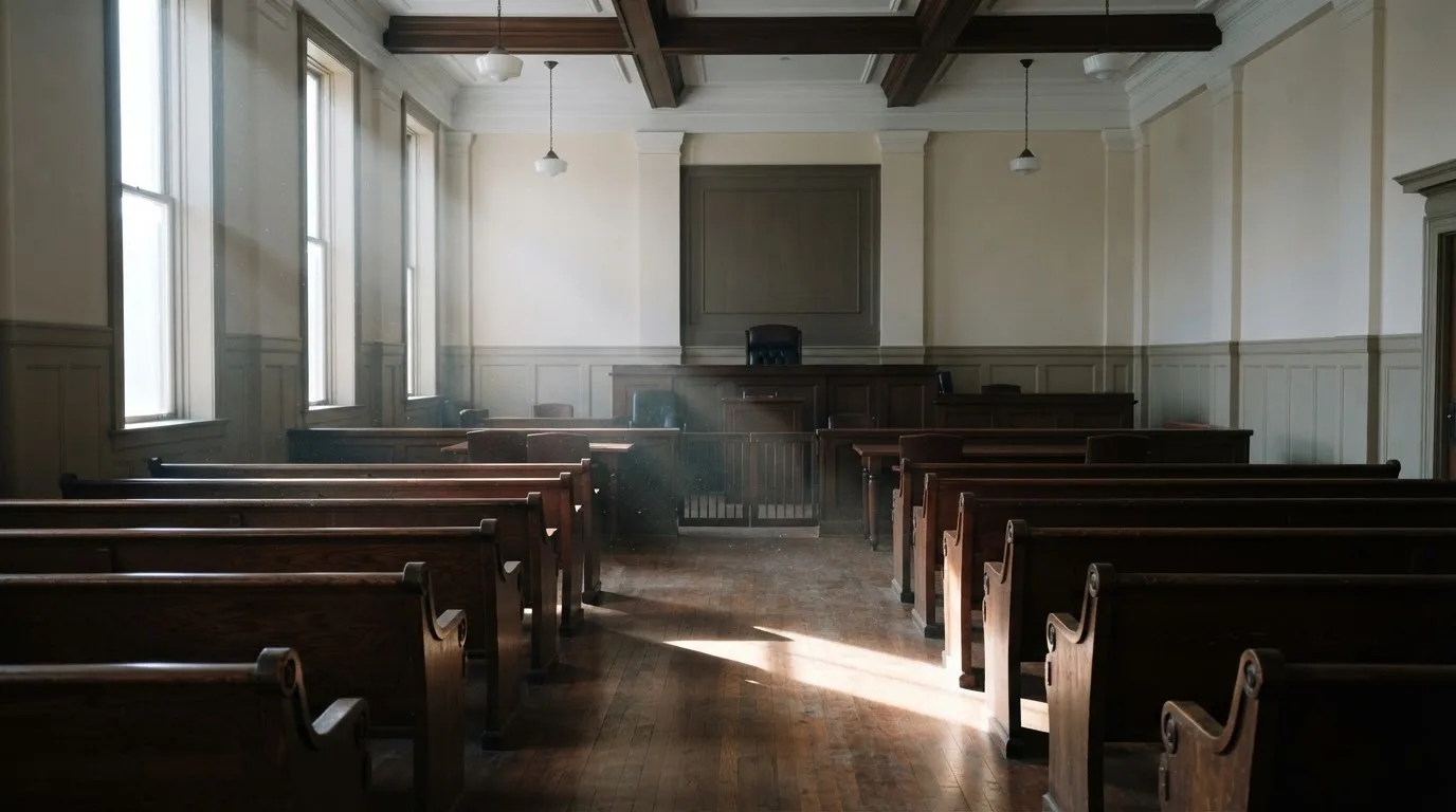 An empty courtroom with wooden benches in morning light