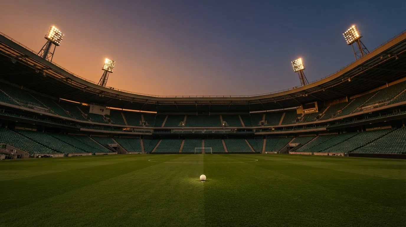 An empty football stadium with floodlight masts at dusk