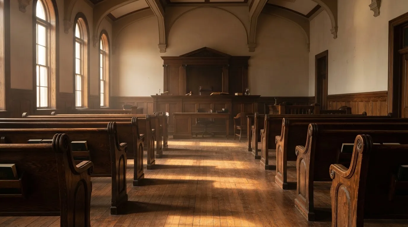 An empty courtroom with wooden benches in morning light