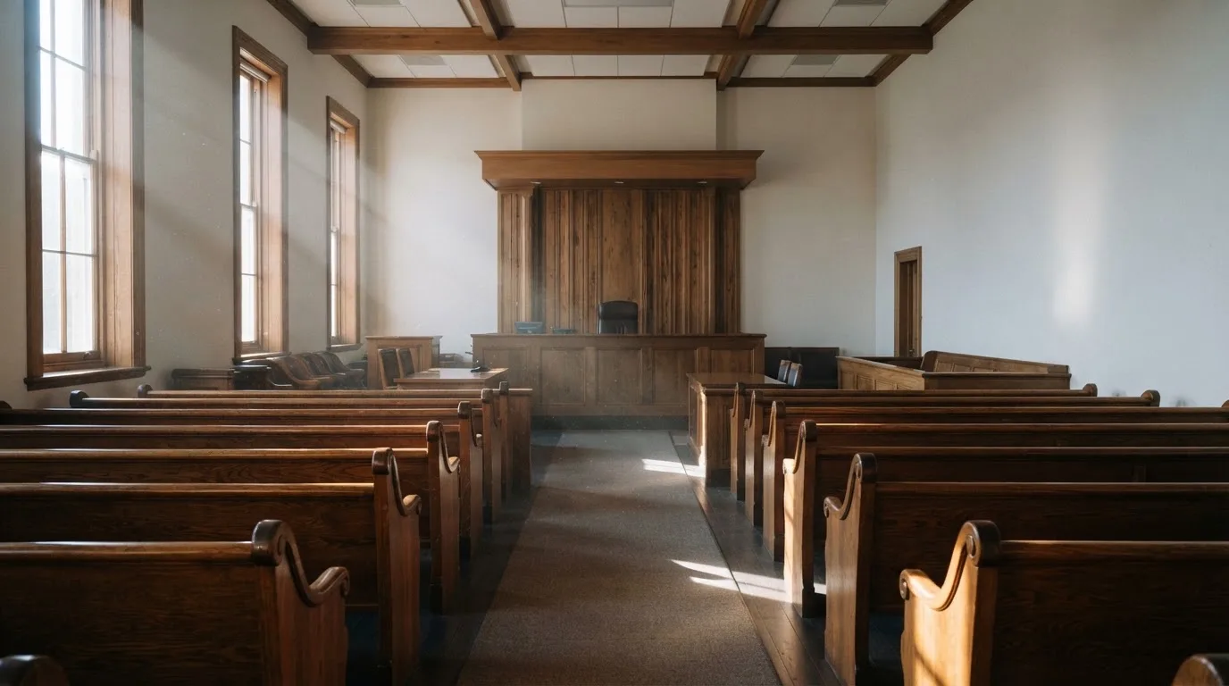 An empty courtroom with wooden benches in morning light