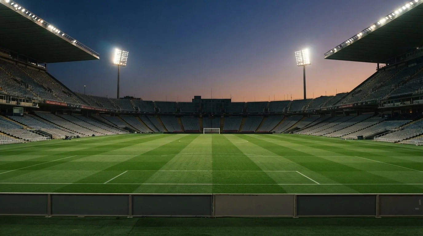An empty football stadium with floodlight masts at dusk