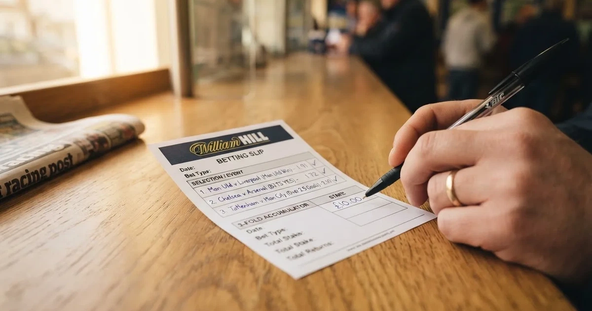 A blank paper betting slip beside a pen on a wooden counter