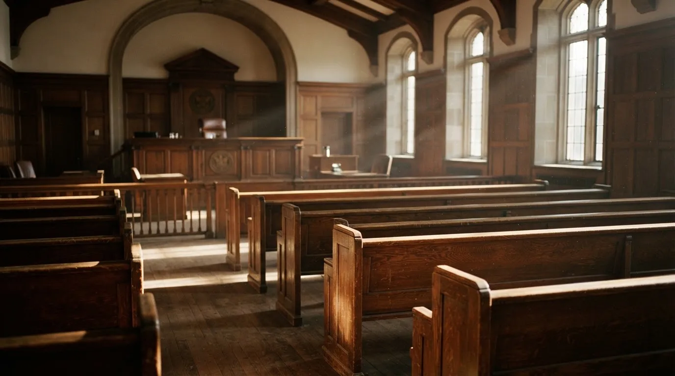 An empty courtroom with wooden benches in morning light
