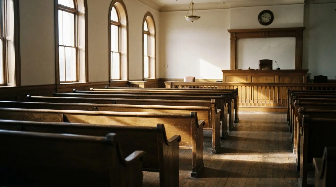 An empty courtroom with wooden benches in morning light