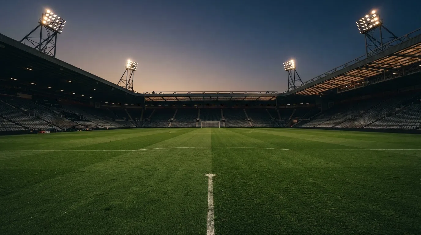 An empty football stadium with floodlight masts at dusk