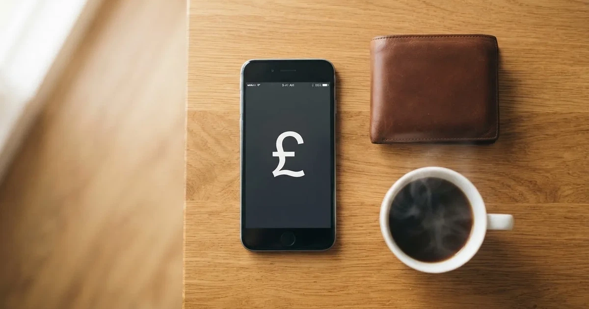 A smartphone on a wooden table beside a wallet and a coffee cup