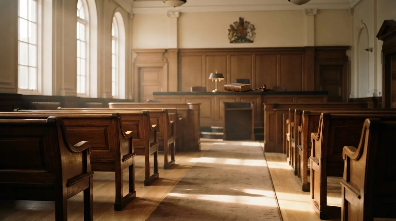 An empty courtroom with wooden benches in morning light
