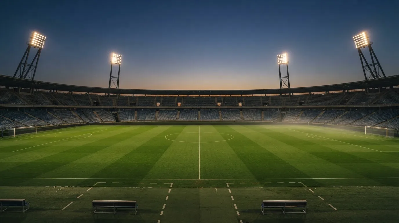 An empty football stadium with floodlight masts at dusk